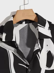 Manfinity BRENVOR 男士落肩袖圖形圖案襯衫 - 黑與白 - 查看 4