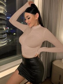 SHEIN SXY Ruched Front Mock Neck Tee - Apricot - View 3