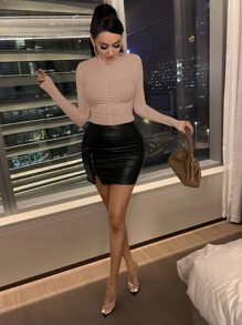 SHEIN SXY Ruched Front Mock Neck Tee - Apricot - View 4