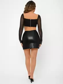 SHEIN SXY 高衩PU皮革半身裙 - 黑色 - 查看 2