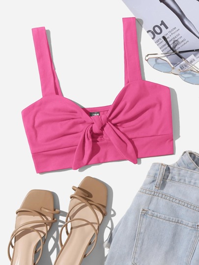 Top corto con bretelle sottile con nodo frontale monocolore