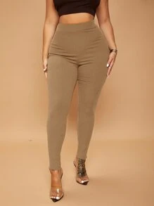 SHEIN SXY Leggings de talle alto tejido de canalé - Camel - Ver 3
