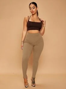 SHEIN SXY Leggings de talle alto tejido de canalé - Camel - Ver 4