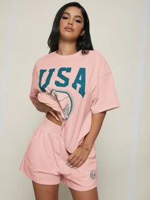 SHEIN SXY 落肩字母圖案上衣和短褲套裝 - 淺粉色 - 查看 1