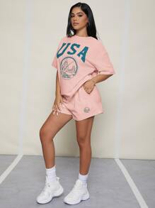 SHEIN SXY 落肩字母圖案上衣和短褲套裝 - 淺粉色 - 查看 4