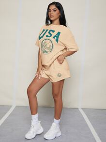 SHEIN SXY 落肩字母圖案上衣和短褲套裝 - 杏色 - 查看 5