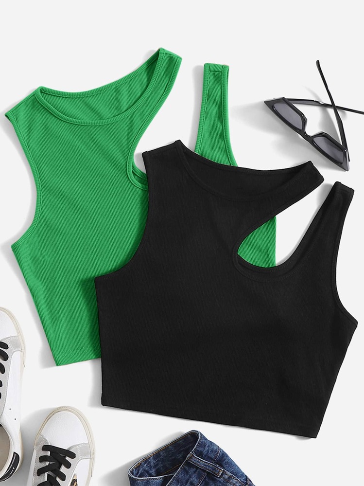SHEIN EZwear 2pcs/Set Summer Fashionable Solid Color Hollow Out Cropped Knit Tank Top - Multicolor - View 1