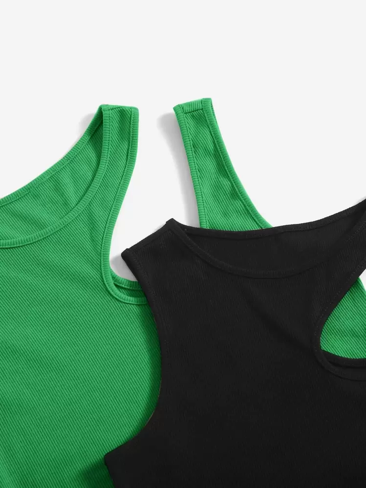 SHEIN EZwear 2pcs/Set Summer Fashionable Solid Color Hollow Out Cropped Knit Tank Top - Multicolor - View 3