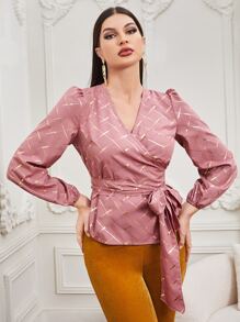 燙金印花燈籠袖交叉領腰帶襯衫