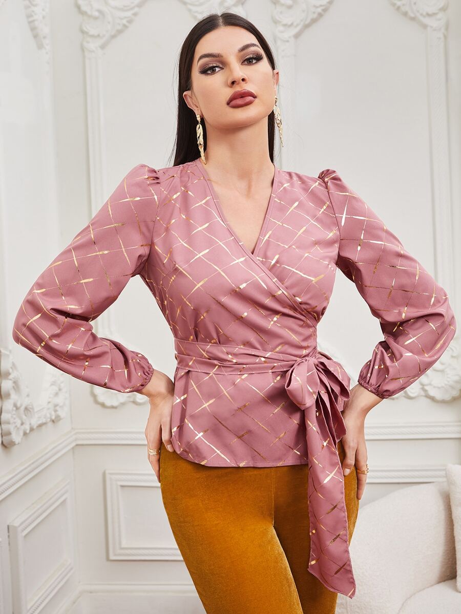 燙金印花燈籠袖交叉領腰帶襯衫