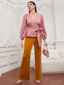 燙金印花燈籠袖交叉領腰帶襯衫