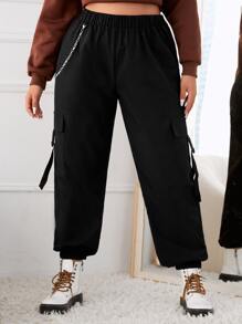 SHEIN EZwear Plus Buckled Flap Pocket Side Trousers With Chain - Black - View 1