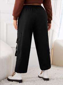 SHEIN EZwear Plus Buckled Flap Pocket Side Trousers With Chain - Black - View 2