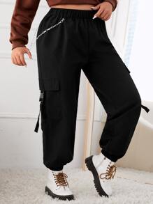 SHEIN EZwear Plus Buckled Flap Pocket Side Trousers With Chain - Black - View 4