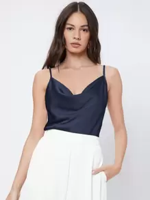 BizChic Áo hai dây không tay bằng satin dành cho nữ, kiểu dáng lãng mạn, thanh lịch, màu trơn, cổ xếp ly, thích hợp mặc đi làm và đi học, phù hợp cho văn phòng và mặc hàng ngày. - Màu xanh hải quân - Xem 7