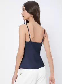 BizChic Áo hai dây không tay bằng satin dành cho nữ, kiểu dáng lãng mạn, thanh lịch, màu trơn, cổ xếp ly, thích hợp mặc đi làm và đi học, phù hợp cho văn phòng và mặc hàng ngày. - Màu xanh hải quân - Xem 2