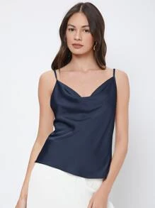 BizChic Áo hai dây không tay bằng satin dành cho nữ, kiểu dáng lãng mạn, thanh lịch, màu trơn, cổ xếp ly, thích hợp mặc đi làm và đi học, phù hợp cho văn phòng và mặc hàng ngày. - Màu xanh hải quân - Xem 3