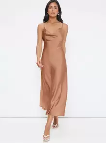 SHEIN BIZwear 堆堆領素色吊帶洋裝工作服 - 杏色 - 查看 1