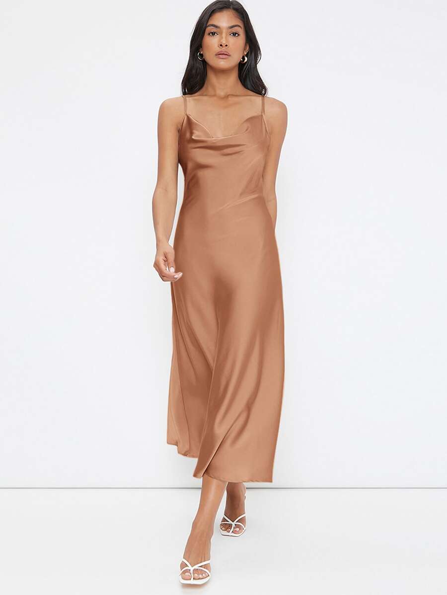 SHEIN BIZwear 堆堆領素色吊帶洋裝工作服 - 杏色 - 查看 1