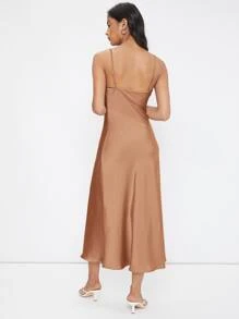 SHEIN BIZwear 堆堆領素色吊帶洋裝工作服 - 杏色 - 查看 2