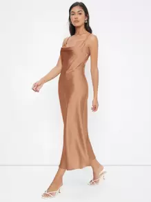 SHEIN BIZwear 堆堆領素色吊帶洋裝工作服 - 杏色 - 查看 4