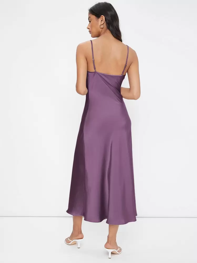 BizChic Vestido elegante de satén con escote de drapeado, largo, adecuado para bodas, negocios casuales, conciertos y atuendo de invitado de boda - Morado - Añade 2