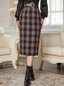 後背開衩格紋粗花呢半身裙 - 彩色 - 查看 1