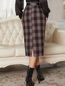 後背開衩格紋粗花呢半身裙 - 彩色 - 查看 2