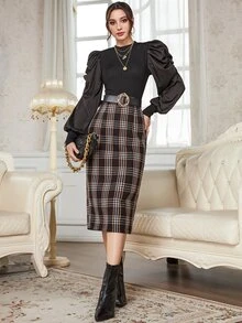 後背開衩格紋粗花呢半身裙 - 彩色 - 查看 3