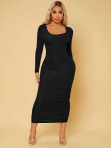 SHEIN Privé 大圓領緊身洋裝 - 黑色 - 查看 3