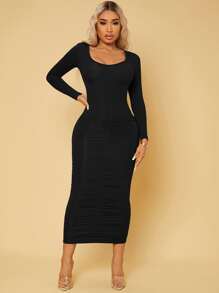 SHEIN Privé 大圓領緊身洋裝 - 黑色 - 查看 5