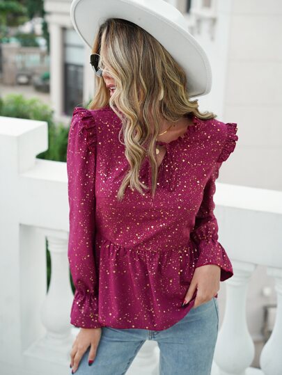 Gold Splatter Paint Frilled Tie Neck Flounce Sleeve Peplum Blouse