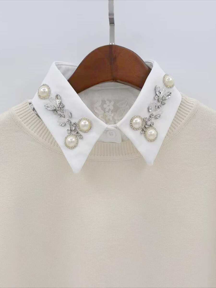 1pc Women's Handmade White Lace Detachable Collar Embellished With Pearls - White - View 1