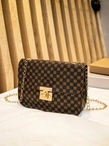 幾何圖案扭鎖鏈條斜挎包 - 棕色 - 查看 2