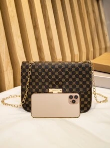 幾何圖案扭鎖鏈條斜挎包 - 棕色 - 查看 4