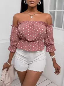 SOLERSUN Random Polka Dot Frilled Off Shoulder Flounce Sleeve Peplum Blouse Peplum Top - Dusty Pink - View 1