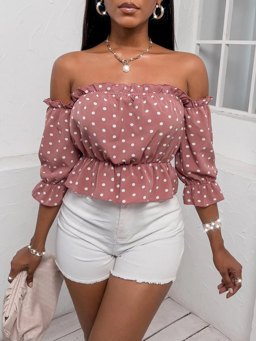 SOLERSUN Random Polka Dot Frilled Off Shoulder Flounce Sleeve Peplum Blouse Peplum Top - Dusty Pink - View 1
