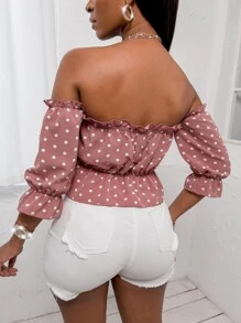 SOLERSUN Random Polka Dot Frilled Off Shoulder Flounce Sleeve Peplum Blouse Peplum Top - Dusty Pink - View 2