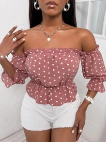 SOLERSUN Random Polka Dot Frilled Off Shoulder Flounce Sleeve Peplum Blouse Peplum Top - Dusty Pink - View 5