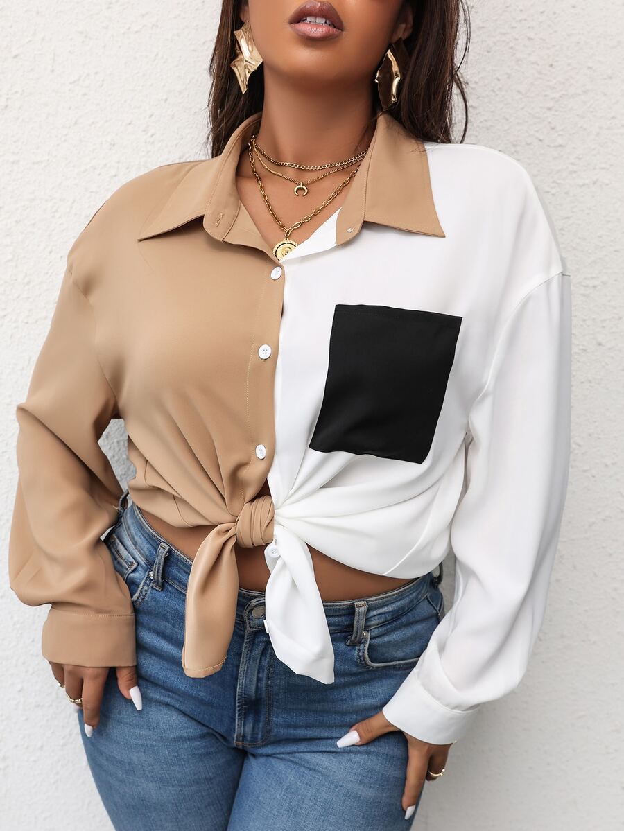 Plus Colorblock Button Front Blouse - Multicolor - View 1