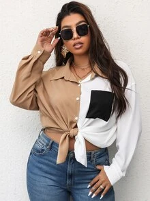 Plus Colorblock Button Front Blouse - Multicolor - View 4