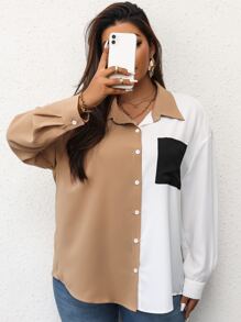 Plus Colorblock Button Front Blouse - Multicolor - View 5
