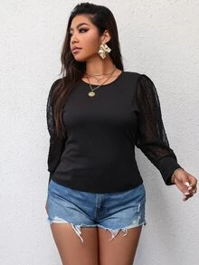 áo nữ kích thước lớn Tương phản Mesh màu trơn Giải trí - màu đen - Xem 4