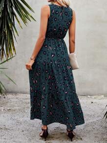 Breezaya 豹纹无袖荷叶边下摆 A 字形连衣裙 超长度假海滩装 女款 - 墨綠色 - 查看 2