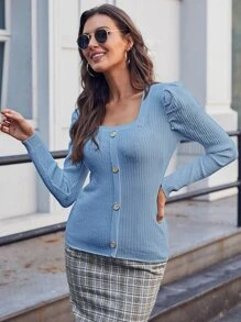 Áo len nữ Nút Gân đan màu trơn Thanh lịch - Màu xanh nhạt - Xem 4