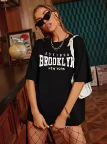SHEIN EZwear Áo thun nữ Lá thư Giải trí - màu đen - Xem 1