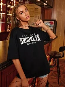SHEIN EZwear Áo thun nữ Lá thư Giải trí - màu đen - Xem 4