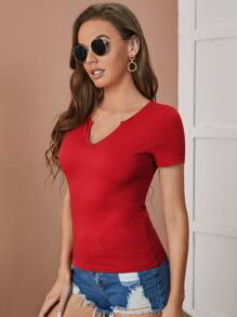 SHEIN Clasi Áo thun nữ màu trơn Giải trí - Đỏ - Xem 4