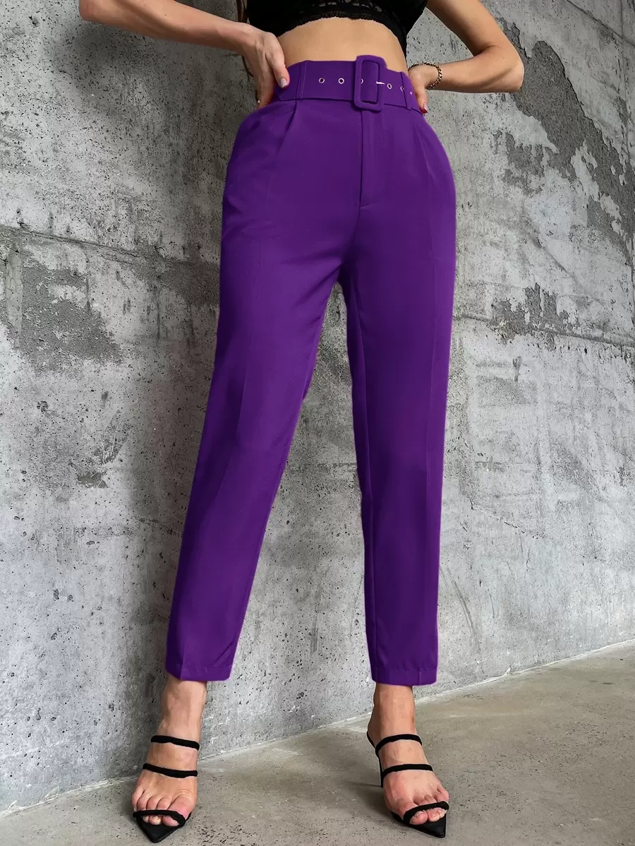 Aveloria Solid Belted Tapered Trousers - Purple - View 1