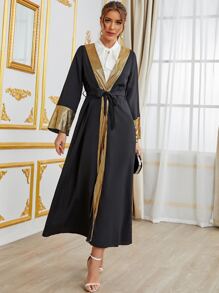 Al Najma Gold Trim Open Front Belted Abaya - Black - View 1